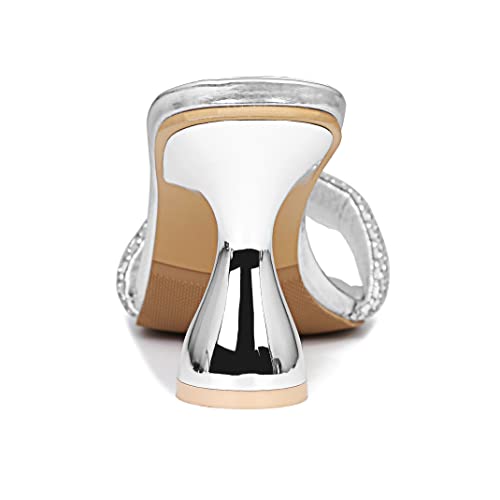 Image of Women's Square Open Toe Kitten Heel Mules, Rhinestone Sandals | Metallic PU Slides & 3.15 IN Block Square Heels: Non-Slip Rubber Outsole, Easily for Wedding, Party or Work.