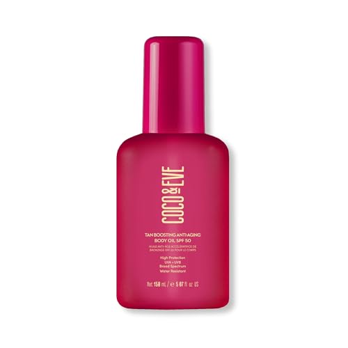 Coco & Eve Tan Boosting Anti-Aging Body Oil SPF50 - Tanning Accelerator Pump UVA UVB Sun Protection | Fast Tan Enhancer With Natural Ingredients Antioxidants for Healthy Bali Glow (150ml)