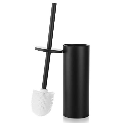 Gricol Toilet Brush with Holder Black, Stainless Steel 304 Long Handle 2 Toilet Brush Head Freestanding with Lid Toilet Bowl Brush and Holder Cleaner for Bathroom