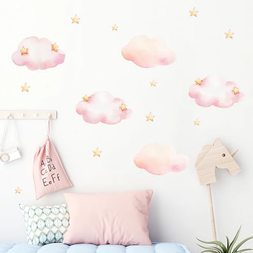 Pink Clouds and Stars Wall Stickers, sacinora Cartoon DIY Ar