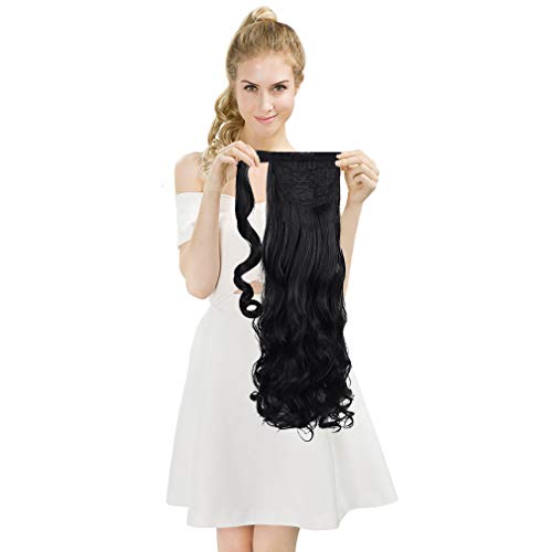 SEIKEA Tie Wrap Around Ponytail Hair Extension Long Curly for Women 24 Inch - Black