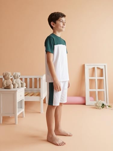 Image of Li'l Tomatoes Boys 100% Cotton Night Suit Set | Half Sleeve T-Shirt & Shorts | Color Block & Typography Print | Soft & Breathable Sleepwear | Casual Summer Wear | 9-16 Years
