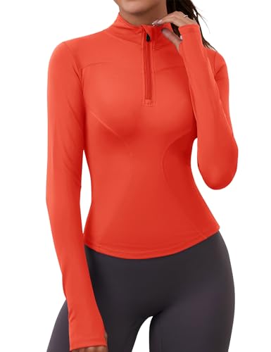 iWoo Sportshirt Damen Gym Top Langarmshirt Atmungsaktiv Laufshirt Half Zip Sweatshirt Funktionsshirt mit Halbem Reißverschluss und Daumenloch Orange M