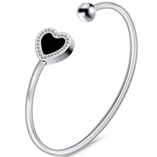 Jude Jewelers Stainless Steel Open Cuff Black Enamel Heart Bangle