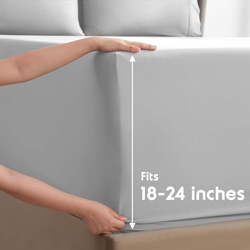 Image of Nestl Extra Deep Split King Sheet Set - 7 Piece Breathable & Cooling Sheets - Hotel Luxury Bedding Set w /18-24 Inch Deep Pockets - Easy & Secure Fit - Super Soft, Wrinkle Free & Comfy - Light Gray