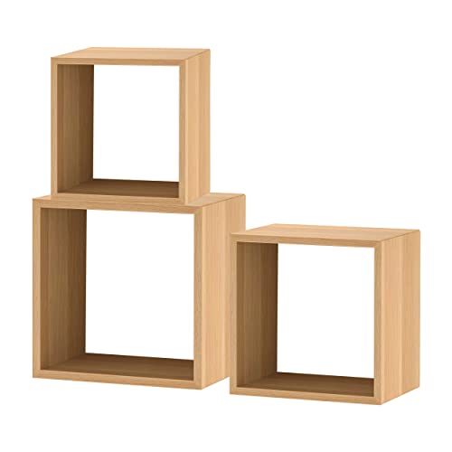 BESCH Set de 3 Estantes de Pared de Madera, Estantería con Forma de Cubo 30/27/24cm - Baldas Flotantes Decorativo(Haya)