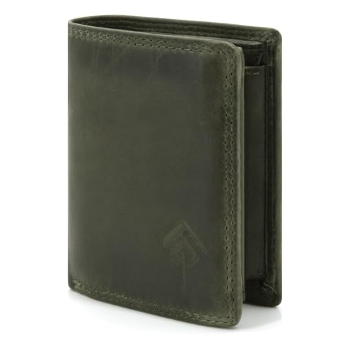JOREY Slim Wallet Herren aus Echtleder – kleine Geldbörse im Hochformat mit RFID-Schutz – Geldbeutel kompakt aus Wasch-Leder (Grün)