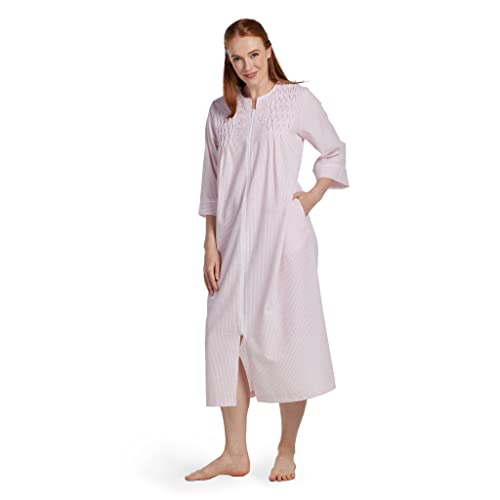 Image of Miss Elaine Long Seersucker Women's Robe, Pockets and Zipper with Front Embroidered Trim, Sleepwear & Loungewear