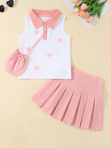 Image of Girls 2 Piece Outfit Preppy Strawberry Graphic Sleeveless Polo Shirt and Pleated Skirt Set with Crossbody Bag
