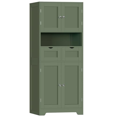 Image of TEENFON 57.8 inch H Tall Bathroom Storage Cabinet with 2 Drawers & 2 Adjustable Shelves, Floor Cabinet with 4 Doors, Tall Cabinet for Living Room, Dining Room, Entryway, Forest Green