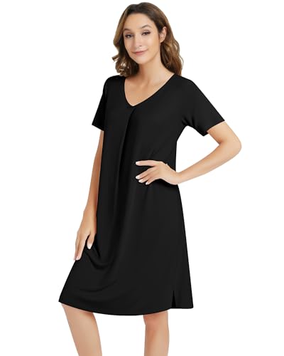 Image of NACHILA Nightgowns for Women-Viscose Made from Bamboo,Short Sleeve Nightshirts V Neck Sleep Shirt Loose Sleep Dress
