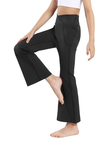 Girls Flare Leggings, High Waisted Kids Flare Yoga Pants with Pockets, Crossover Girls Bell Bottom Leggings, 5-14Y3
