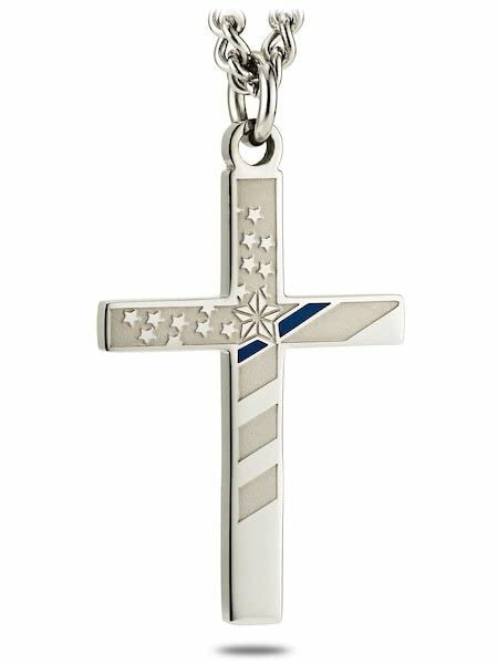 Shields of Strength Thin Blue Line Cross Necklace for Men Stainless Steel Christian Jewelry – American Flag Police Necklace – Engraved Proverbs 30:5 “He Is a Shield”2