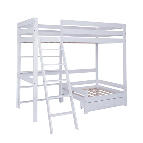 Idemon Litera con estantes y sofá, cama de madera con un cajón, cuna con 5 niveles, marco de cama de madera maciza, color blanco, 90 x 200 cm, 30687576