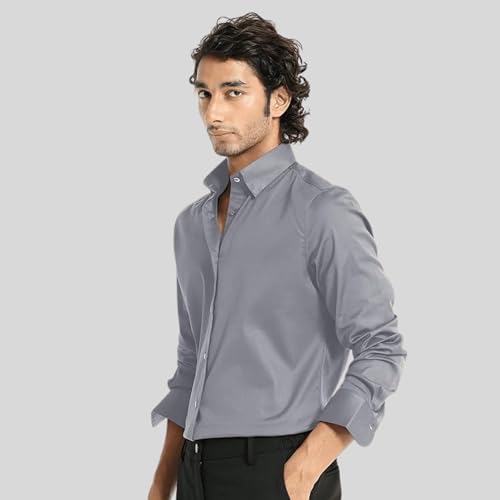 Image of IndoPrimo Men's Satin Shirt with Spread Collar Neck Line Solid Pattern Full Sleeves Regular Fit Western Style and Standard Length