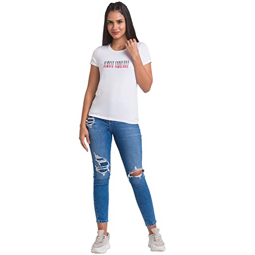 Image of Spykar Olive Green Cotton Blend Three-Fourth Sleeve Printed Casual T-Shirt for Women