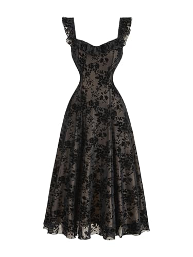 Verdusa Women's Floral Print Mesh A Line Sleeveless Long Dress Ruffle Hem Tank Dresses Black Small