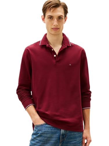 Tommy Hilfiger Men's Long-Sleeve Regular Fit Tommy Wicking Polo, Deep Rouge, Medium, Mens Clothing - Classic Fit, Everyday Comfort
