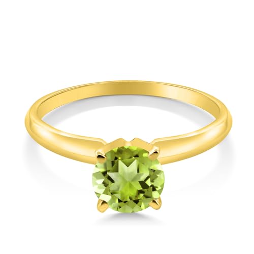 Gem Stone King 14K Yellow Gold Green Peridot Solitaire Engagement 4-Prong Ring For Women | 1.00 Cttw | Round 6MM | Gemstone August Birthstone | Available In Size 5, 6, 7, 8, 92