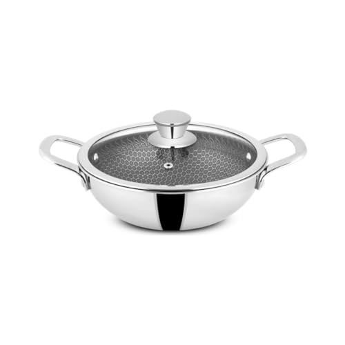 Image of Orange Triply Stainless Steel Honeycomb Non-Stick Deep Kadai /Kadhai with Glass Lid (2.5 LTR, 22cm) | Induction & Gas Stove Capatible | Metal Spatula Friendly | 2.5mm Thickness | 5Year Warranty