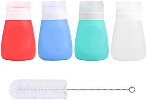 Timiuu Squeeze Salad Dressing Bottles with Cleaning Brush | Portable Sauce Bottle Condiment Bottles | Dressing to Go for Lunch | 1.3 OZ, Set of 4 | Food-grade Silicone, BPA Free