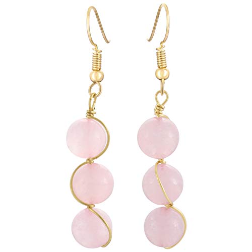 Yatming Healing Crystal Beads Dangle Earrings for Women, Rose Quartz Stone Drop Hook Eardrop with Copper Wire Wrapped