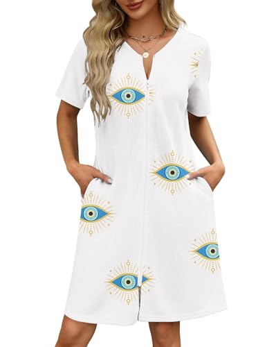 Ekouaer Women Zipper Robes Waffle Short Bathrobe Lightweight House Coat with Pockets Soft Nightgown