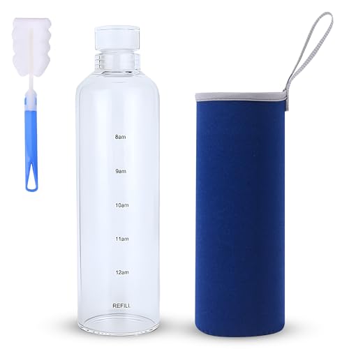 Genérico Botella de Cristal 500ml con Funda de Neopreno y Escobilla – Reutilizable, sin BPA, con Marcadores de Tiempo – Apta para Agua, Té y Café (Azul)