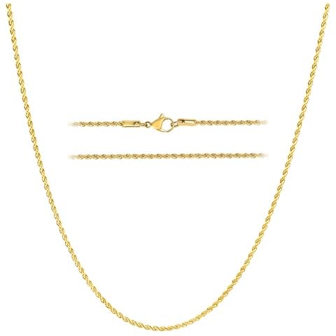 KISPER 18k Gold Hip Hop Rope Chain Necklace – 2mm Thin Gold Plated Stainless Steel Jewelry for Women & Men with Lobster Clasp, 18” Cover