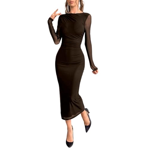 LIGHT DOT Women's Bodycon Maxi Dress Long Sleeve Solid Mesh Layered