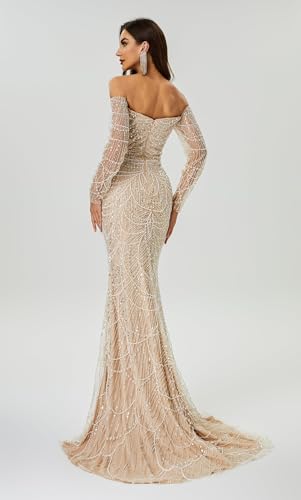 Datangep Luxury Bead Champagne Prom Dresses Off Shoulder Long Sleeves Mermaid Evening Dress Formal Party Gowns2