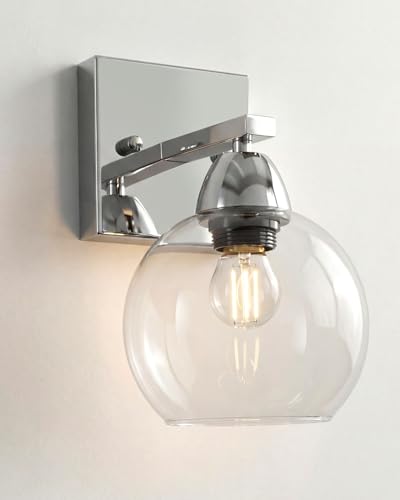 Image of Bathroom Light Fixtures, 1-Light Silver Vanity Light with Hand-Blown Thick Glass Shade, High Clarity & Durable, Wall Sconce for Mirror, Kitchen, Bedroom, Hallway