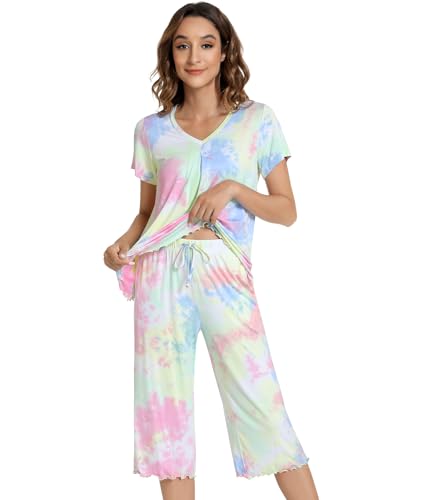 Image of NACHILA Women's Pajama Sets Cooling Bamboo Viscose V-Neck Top & Capri Pants