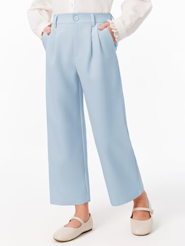 Image of Haloumoning Girls Uniform Pants Kids High Waisted Wide Leg Dress Pants Casual Trousers with Pockets 5-14 Years