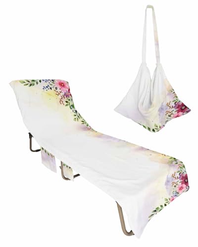 Spring Floral Beach Lounge Chair Towel Cover, Soft Chaise Lounge Towel with Side Pockets Patio Pool Chairs Cover for Beach/Pool Sunbathing 29x85 Watercolor Summer Flowers Botanical