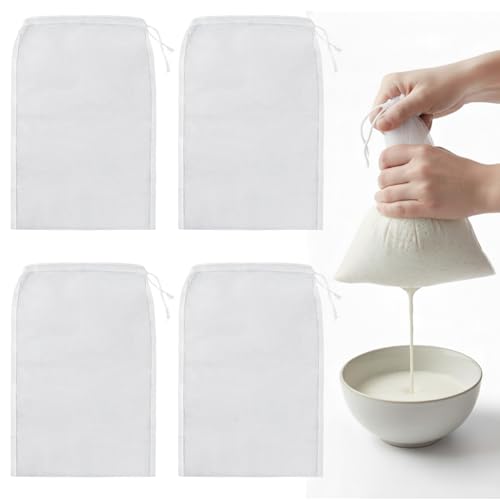 XYGK Reusable Straining Bags, Set of 4 Fine Mesh Filter Bags, 30 × 20cm Cheesecloth Drawstring Net Bags for Cold Brew Coffee, Nut Milk, Juice, and More