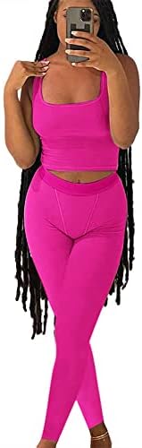 AYWA Casual Workout Sets Two Piece Outfits for Women Ribbed Crop Tank Top High Waist Leggings Active Wear (Fuchsia, Small)