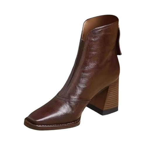 HESYSUAN Botines de tacón grueso con punta cuadrada para mujer, botas cortas de cuero con cremallera trasera para el trabajo y uso casual, color marrón y negro, Brown, 37.5 EU