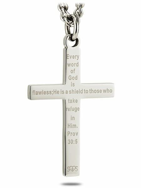Shields of Strength Thin Blue Line Cross Necklace for Men Stainless Steel Christian Jewelry – American Flag Police Necklace – Engraved Proverbs 30:5 “He Is a Shield”3