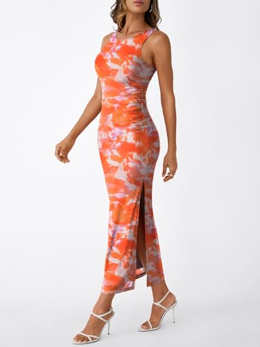 Image of Trendy Queen Bodycon Maxi Dress Womens Sleeveless Floral Print Fitted Party Club Ruched Dresses with Side Slit
