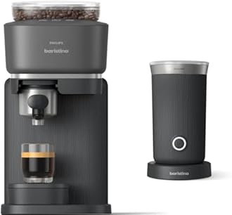 Philips Baristina Espresso Machine+Milk Frother Bundle. Real espresso. Compact coffee machine, portafilter, grinder, Cafe Crema. Dairy & Non-Dairy Milk foam​. Hot & Cold. Easy Clean. Black (BAR303/60)