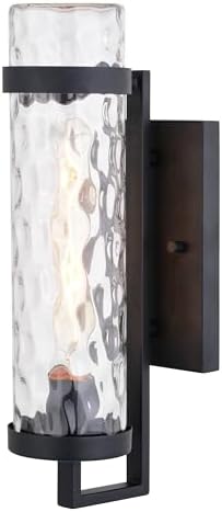 VAXCEL Seymour 15.5 in. H 1-Light Textured Black Transitional Outdoor Wall Sconce Made of Durable Metal, Clear Water Glass Shade, LED Compatible, Use for Exterior Porch Patio Front Door or Garage