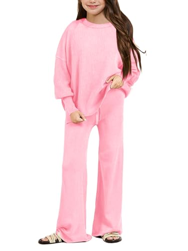 Image of Haloumoning Girls 2 Piece Outfits Kids Long Sleeve Crewneck Sweater Drawstring Wide Leg Long Pants Sweatsuits Sets 5-14T