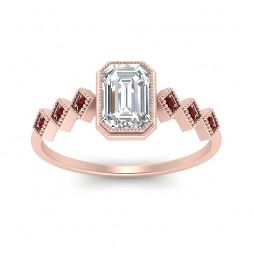 Image of Choose Your Gemstone Bezel Set Emerald Accented Diamond CZ Ring Rose Gold Plated Emerald Shape Side Stone Engagement Rings for Women, Girls and Ladies US Size 4 to 12