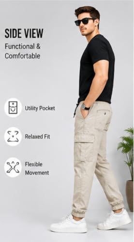 Image of Men's Jogger Cargo Pants | Stretchable Cotton Blend Utility Trousers | Regular Fit Multi Pocket Casual Bottom Wea