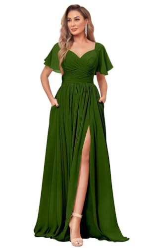 Women's Chiffon Flutter Sleeve Bridesmaid Dress Long with Slit V-Neck Pleated Formal Evening Party Gowns