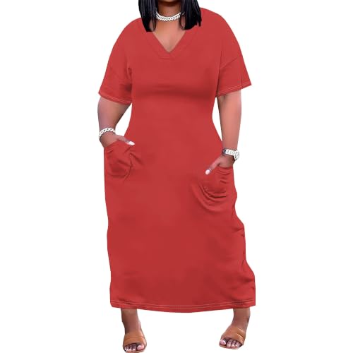 Image of Plus Size Maxi Dress for Women Short Sleeve V Neck Casual Loose Sundress with Pockets