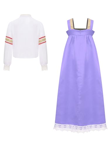 Child Girls Russian Ethnic Performance Dress Embroidered Blouse with Overalls and Headpiece White&Purple 8 Years4