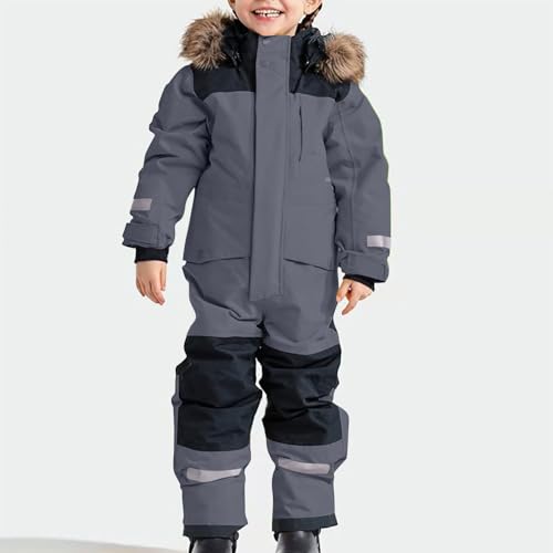 Children Ski Suit Insulated Snow Bib Overalls Thermal Warm Windproof Snowsuit With Removable Hood (Grey #4, 4-5 Years)3