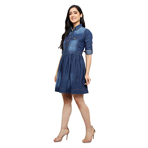 Image of Women's Casual Denim Dress with Regular Fit Solid Pattern Knee-Length 3 /4th Sleeves Flare A-line Design|Denim midi Dress for Women